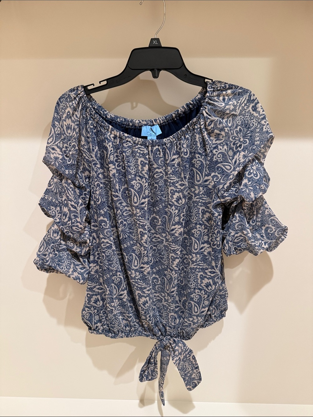 CeCe Blue Paisley Tie-Front Ruffle Sleeve Blouse